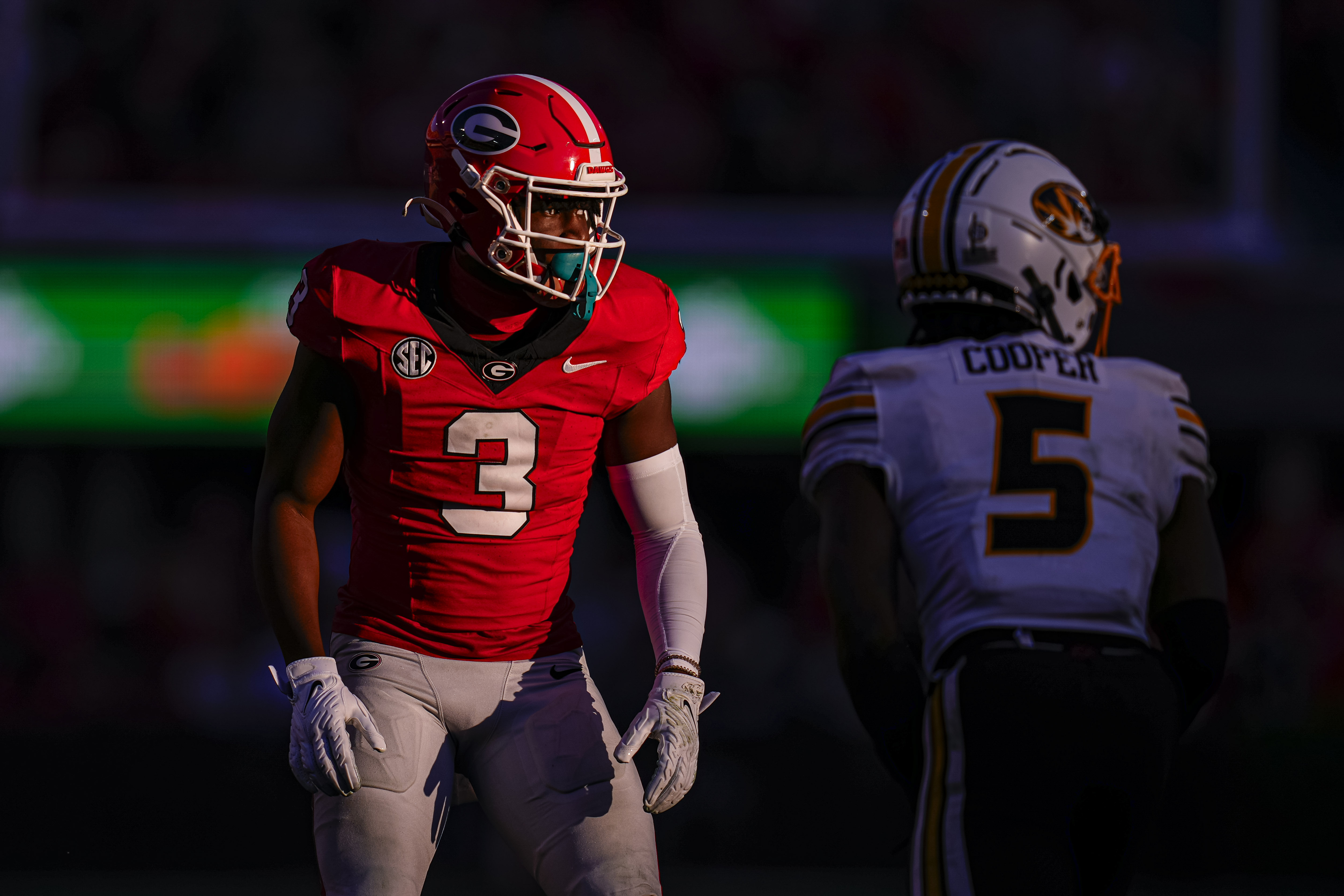 Nov 4, 2023; Athens, Georgia, USA; Georgia Bulldogs defensive back Kamari Lassiter (3) prepares to cover Missouri Tigers wide receiver Mookie Cooper (5) during the second half at Sanford Stadium. 